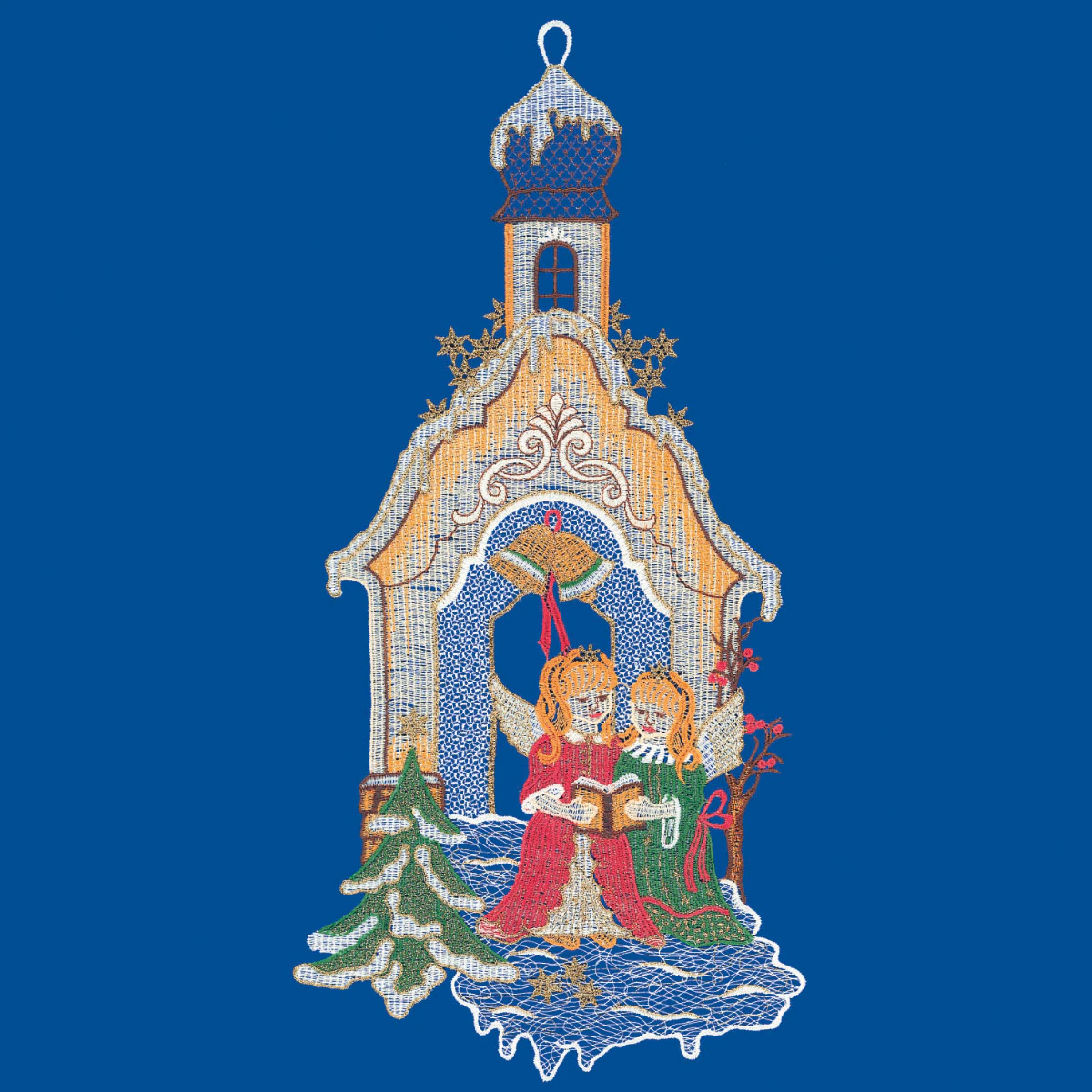 W. Reuter & Sohn - Plauener Spitze Fensterbild "Kapelle mit Engeln", Made i günstig online kaufen
