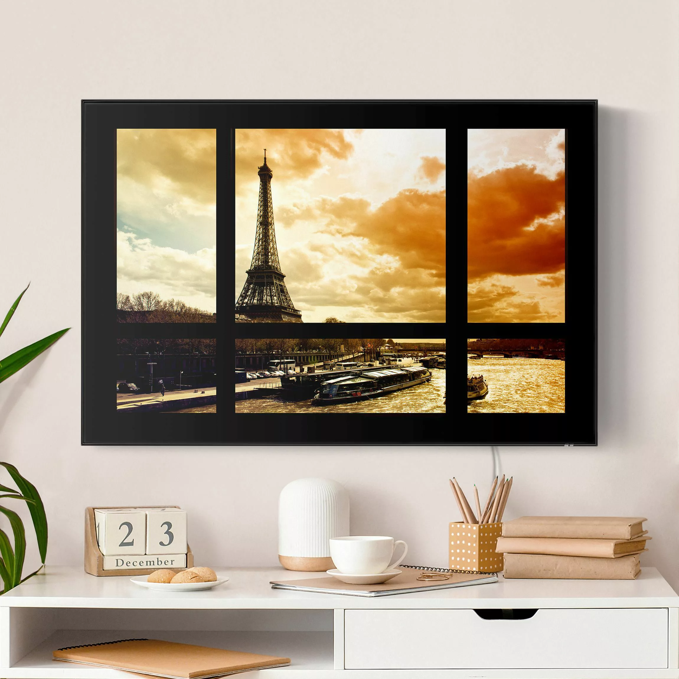 LED-Wechselbild Fensterblick - Paris Eiffelturm Sonnenuntergang günstig online kaufen