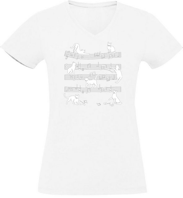 MyDesign24 T-Shirt Damen Katzen Print Shirt bedruckt - Musiknoten mit Katze günstig online kaufen