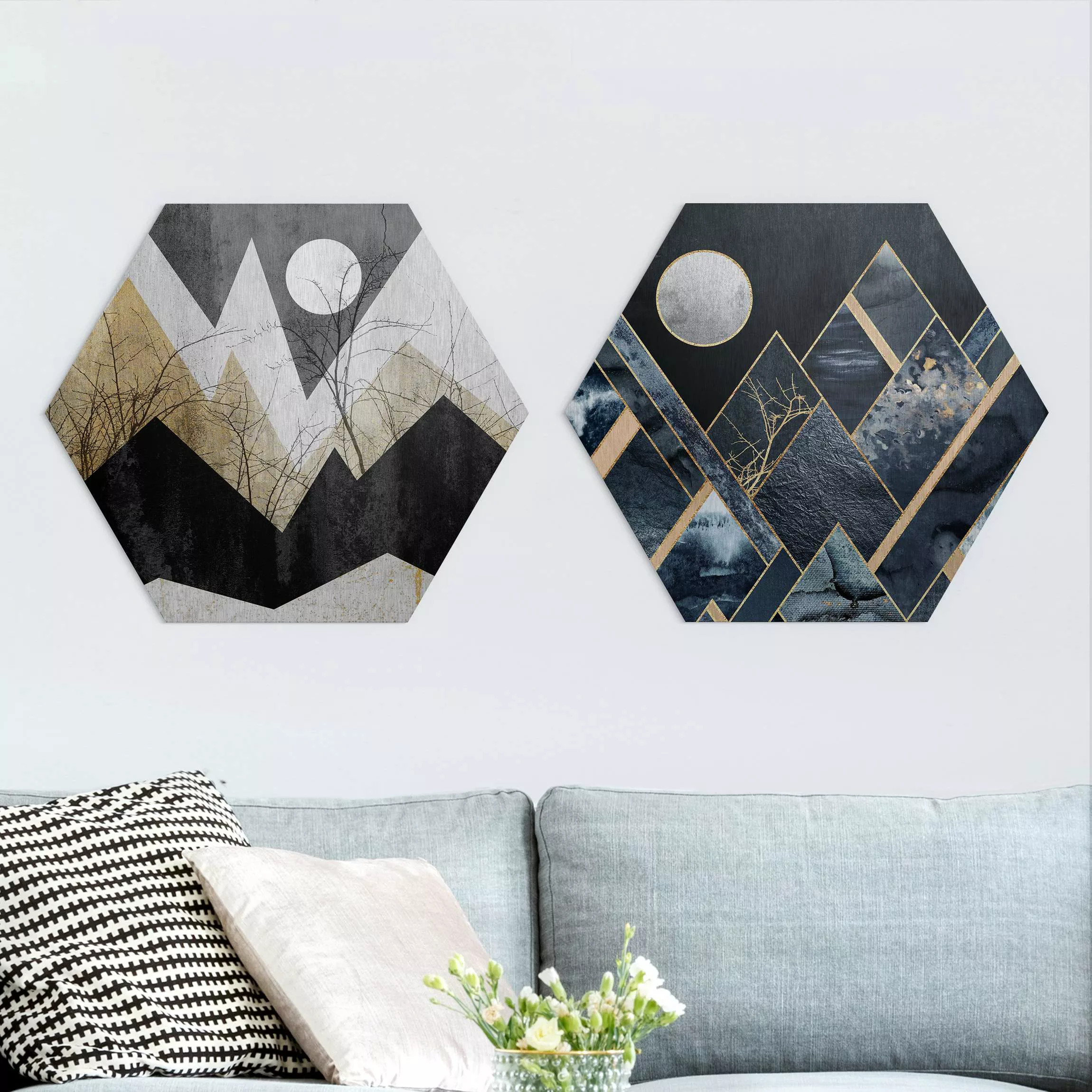 2-teiliges Hexagon-Alu-Dibond Bild Goldener Mond und geometrische Berge günstig online kaufen