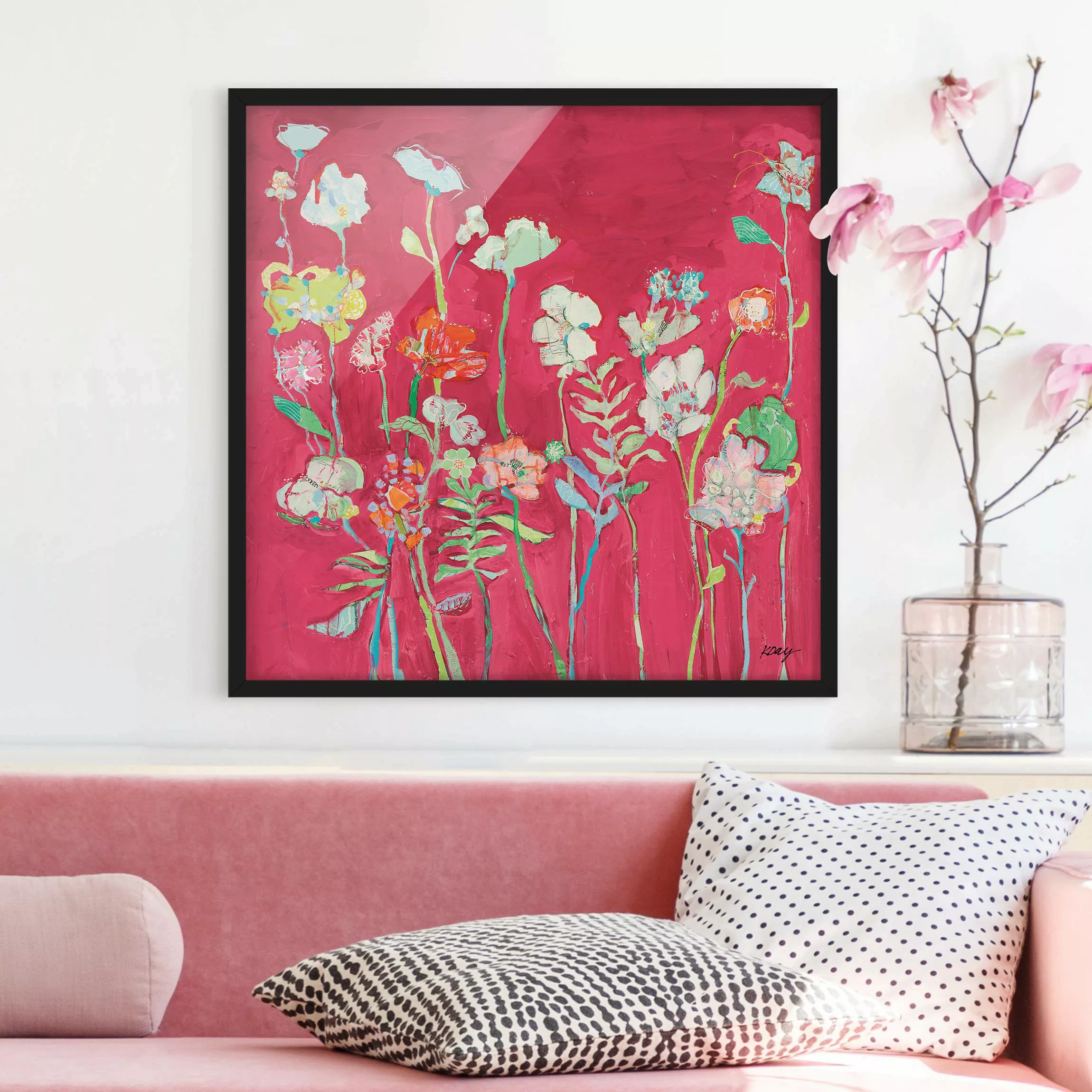 Bild mit Rahmen Blumenreich auf rot günstig online kaufen