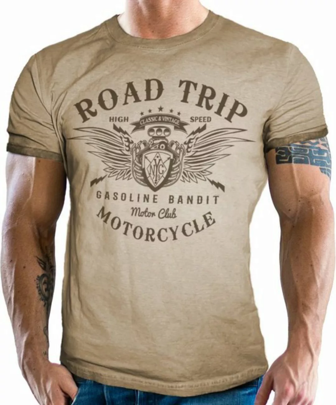 GASOLINE BANDIT® T-Shirt in Washed Sand Optik für Biker, Racer: Road Trip günstig online kaufen