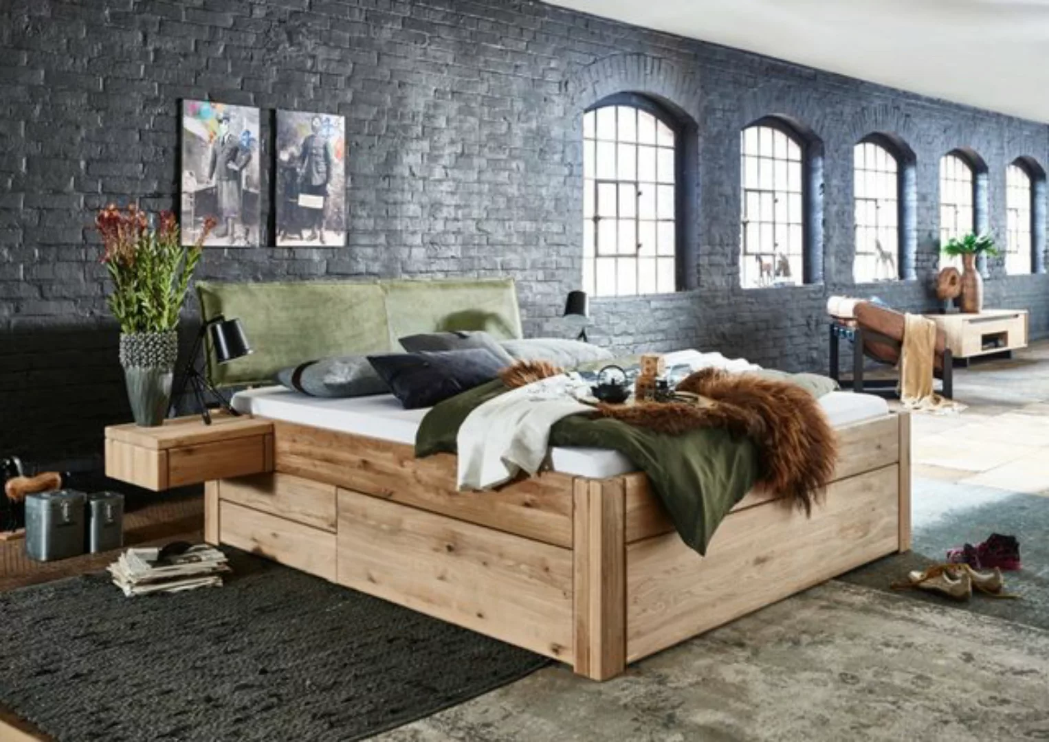 Natur24 Einzelbett Bett Vejle 140x200 Wildeiche Bianco mit Kopfteil 1 Schub günstig online kaufen