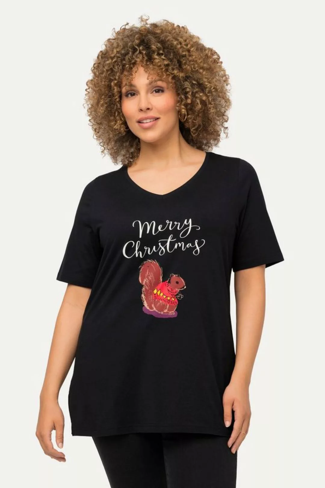 Ulla Popken Rundhalsshirt Weihnachts-Shirt Eichhörnchen V-Ausschnitt Halbar günstig online kaufen