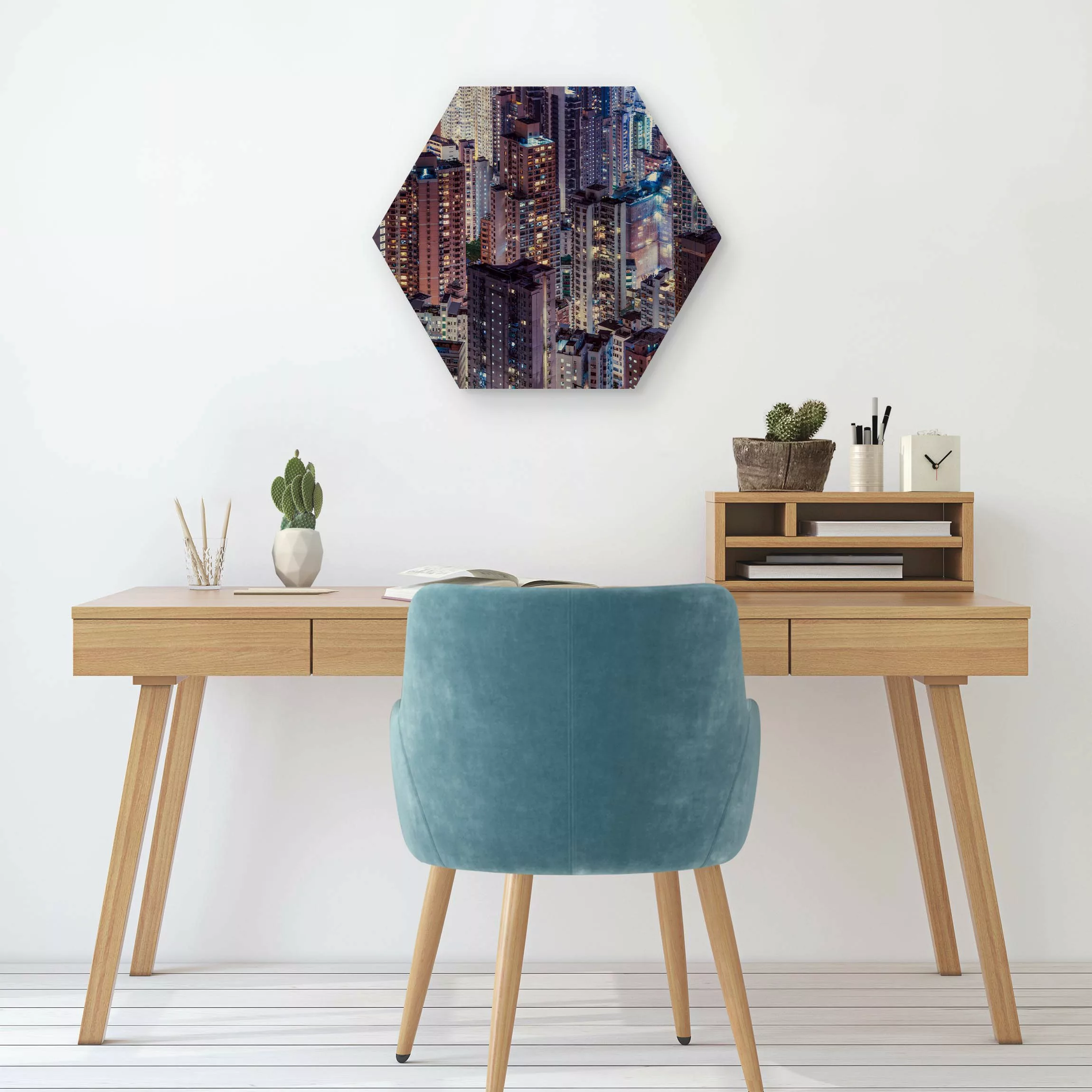 Hexagon-Holzbild Hongkong Lichtermeer günstig online kaufen