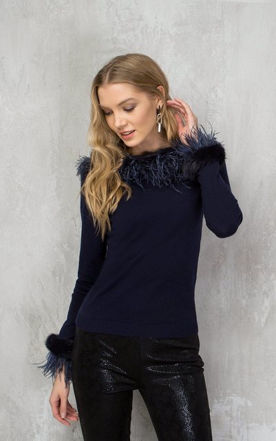 Passioni Strickpullover Auffälliger Pullover mit Fellbesatz an Ärmeln und K günstig online kaufen