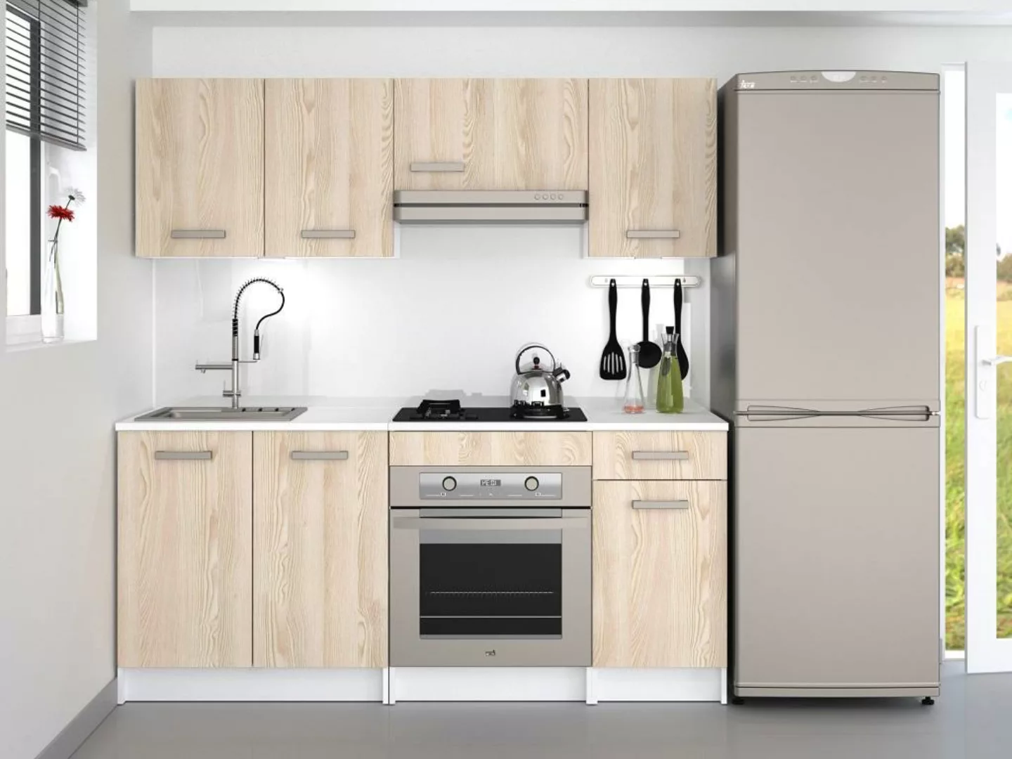 Küchenzeile - mit Arbeitsplatte 180 cm - Naturfarben hell & Weiß - TRATTORI günstig online kaufen