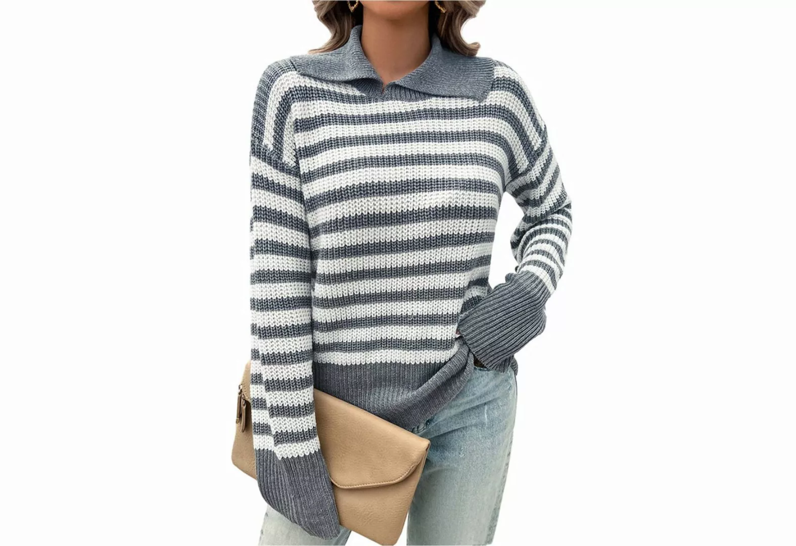 Zoclack Strickpullover Damen Pullover mit Langen Ärmeln Reverskragen Lässig günstig online kaufen