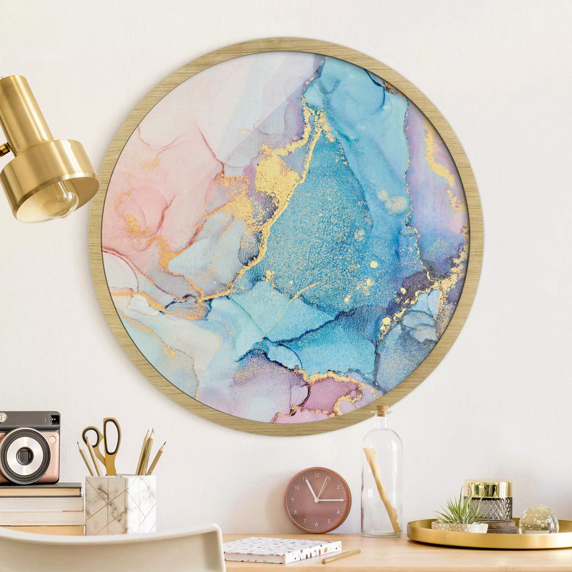 Rundes Gerahmtes Bild Aquarell Pastell Bunt mit Gold günstig online kaufen
