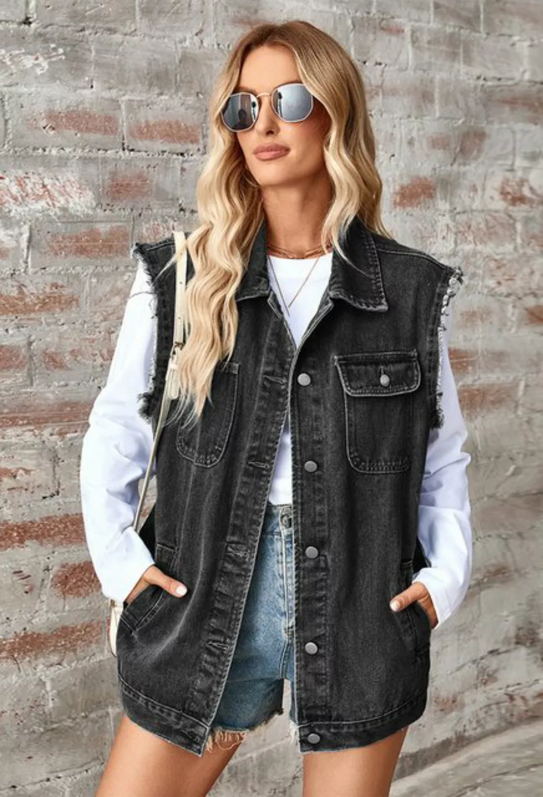 CHENIN Jeansweste Damen Denim Weste Ärmellose Denim Weste Rollkragen Ärmell günstig online kaufen