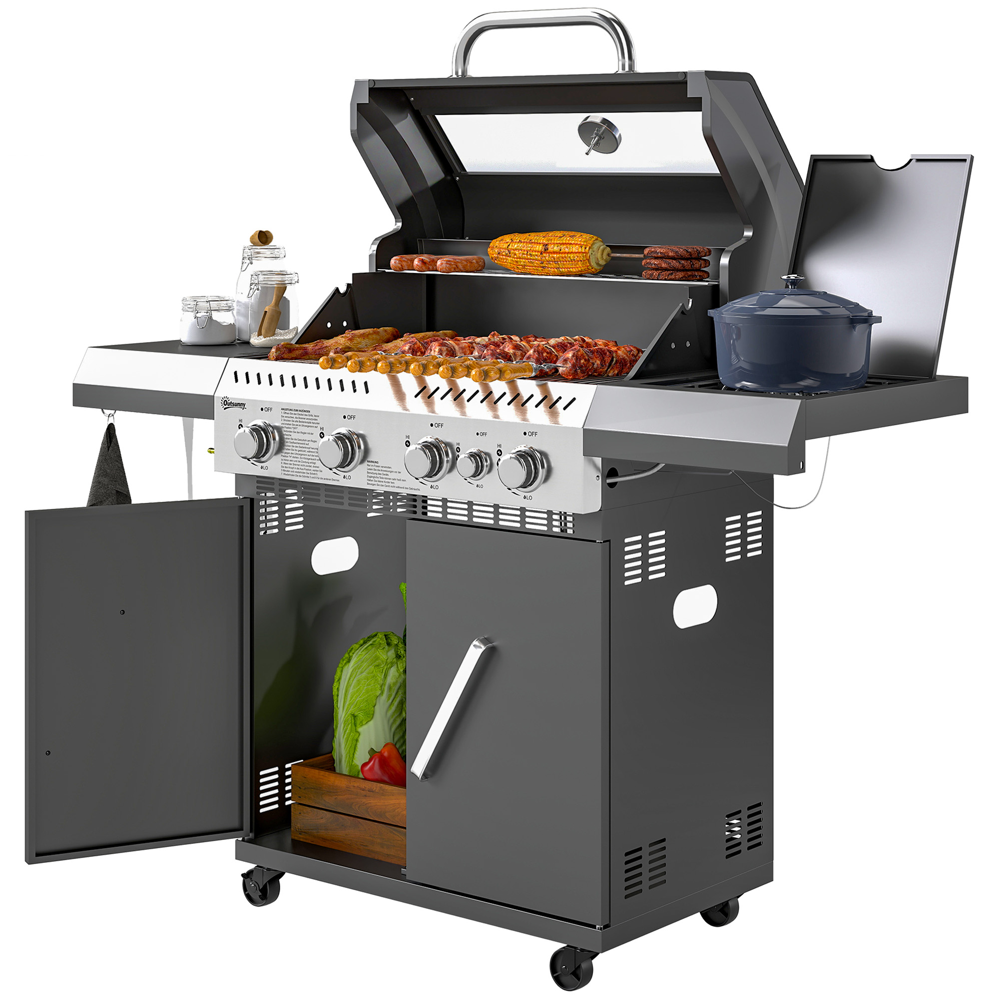 Outsunny Gasgrill 12 KW Grillwagen inkl 5 Brenner Seitenkocher Rolle Druckm günstig online kaufen