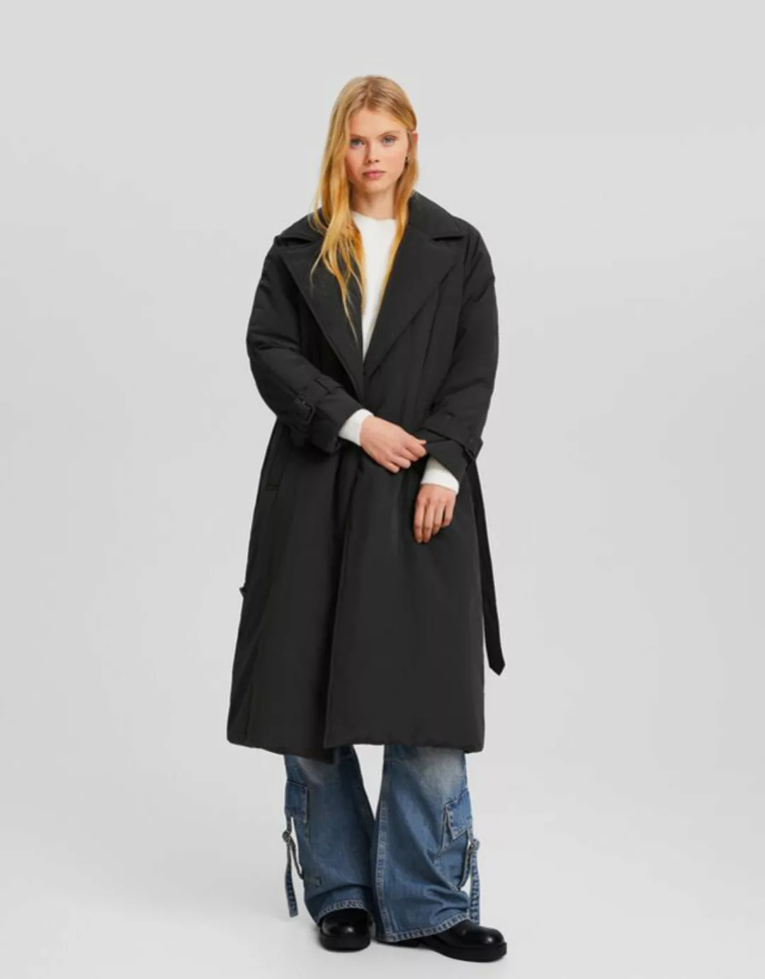 Bershka Gesteppter Oversize-Trenchcoat Damen M-L Dunkelgrau günstig online kaufen