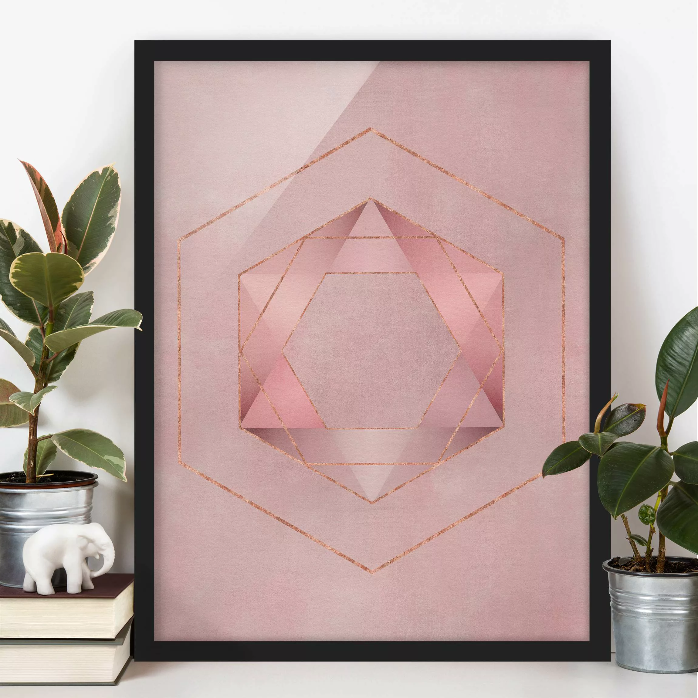 Bild mit Rahmen Abstrakt - Hochformat Geometrie in Rosa und Gold I günstig online kaufen