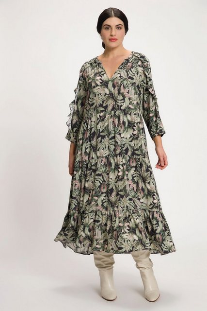 Ulla Popken Jerseykleid Kleid Blüten Tunika-Ausschnitt Volant 3/4-Arm günstig online kaufen