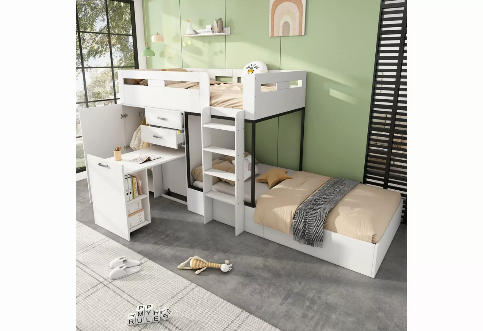 FUROKOY Etagenbett Etagenbett 90x200 cm,Kinderbett mit Kleiderschrank, Schu günstig online kaufen