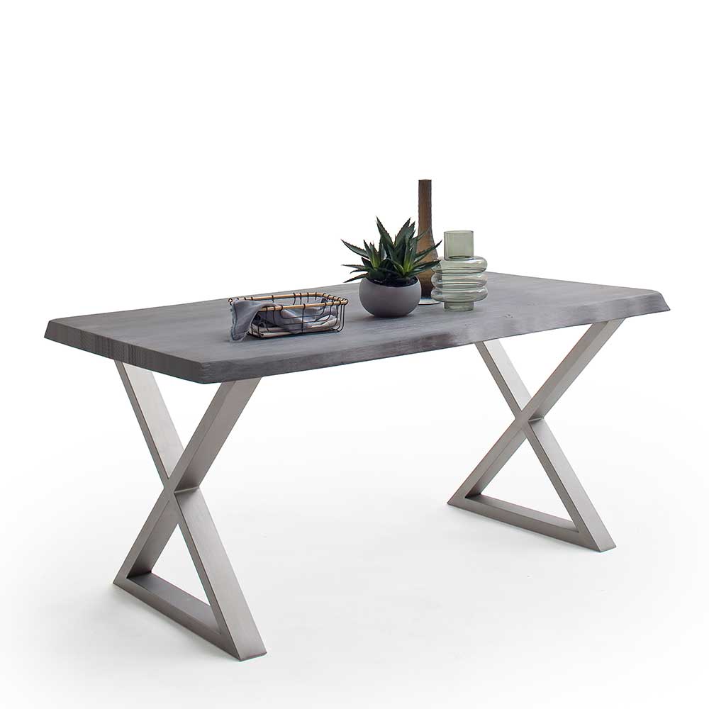Esstisch Baumkantentisch mit X Gestell aus Edelstahl günstig online kaufen