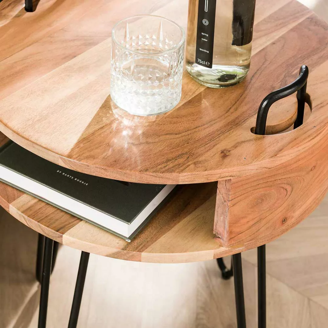 Runder Beistelltisch Sofa aus Akazie Massivholz Metallgestell günstig online kaufen