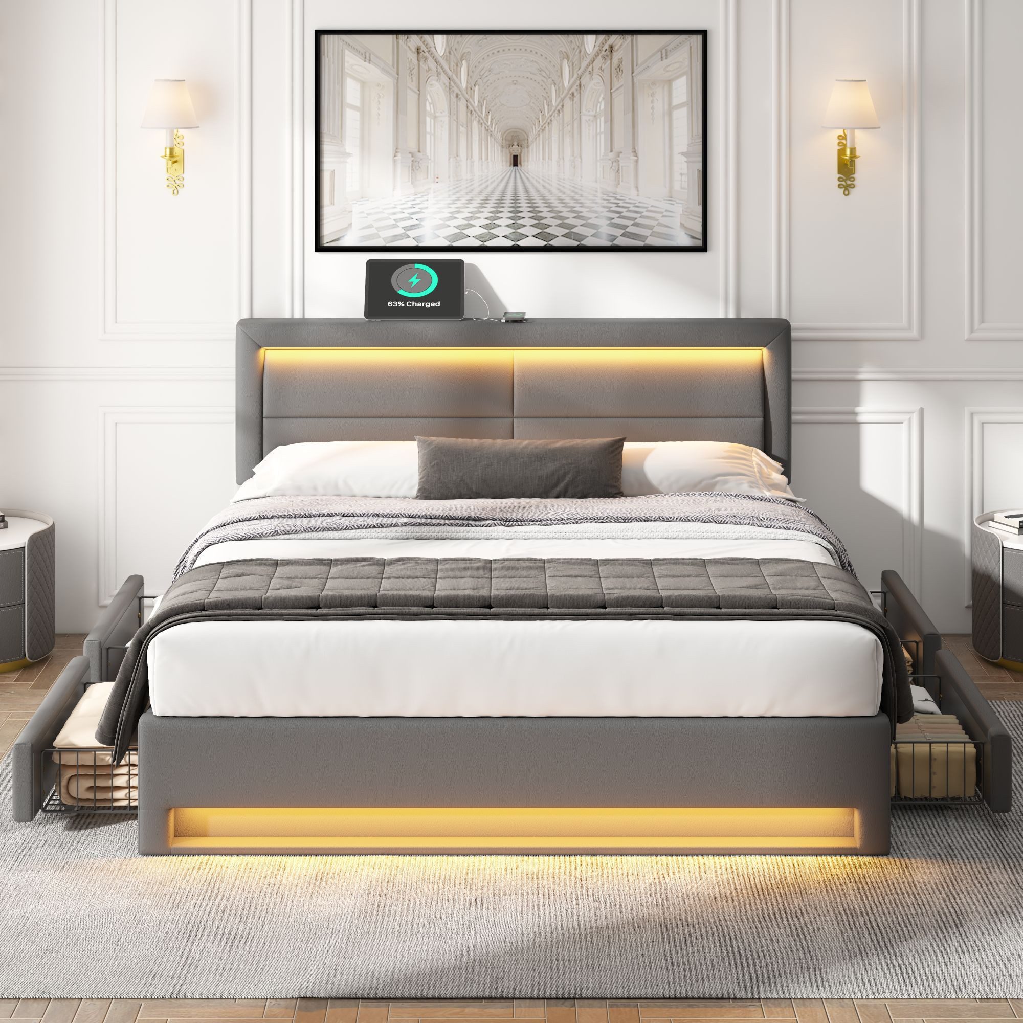 OKWISH Polsterbett mit LED-Beleuchtung und Stauraum günstig online kaufen
