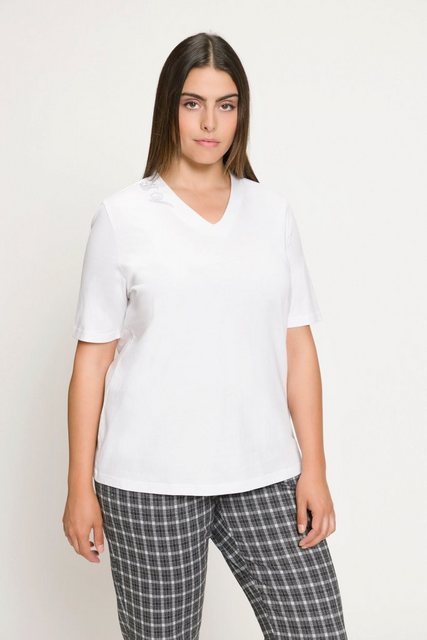 Ulla Popken Rundhalsshirt T-Shirt Ziersteine Kelchkragen V-Ausschnitt günstig online kaufen