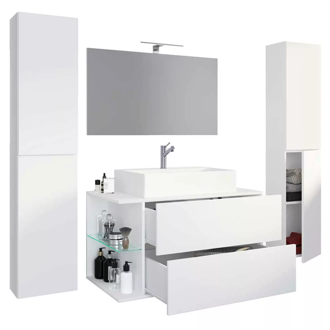 Badmöbel Set modern weiss für die Wandmontage LED Beleuchtung (vierteilig) günstig online kaufen