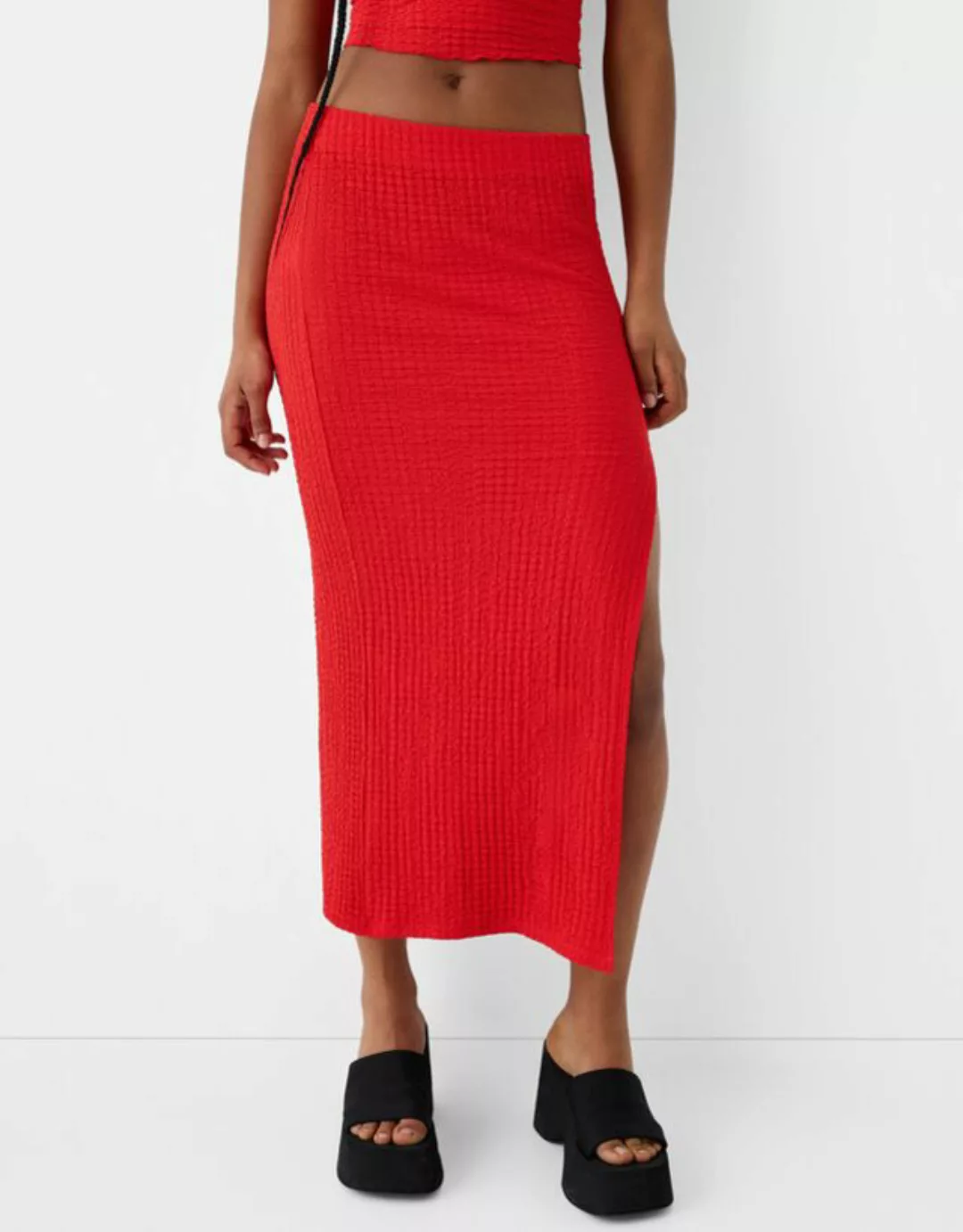 Bershka Midirock Mit Strukturmuster Damen Xs Rot günstig online kaufen