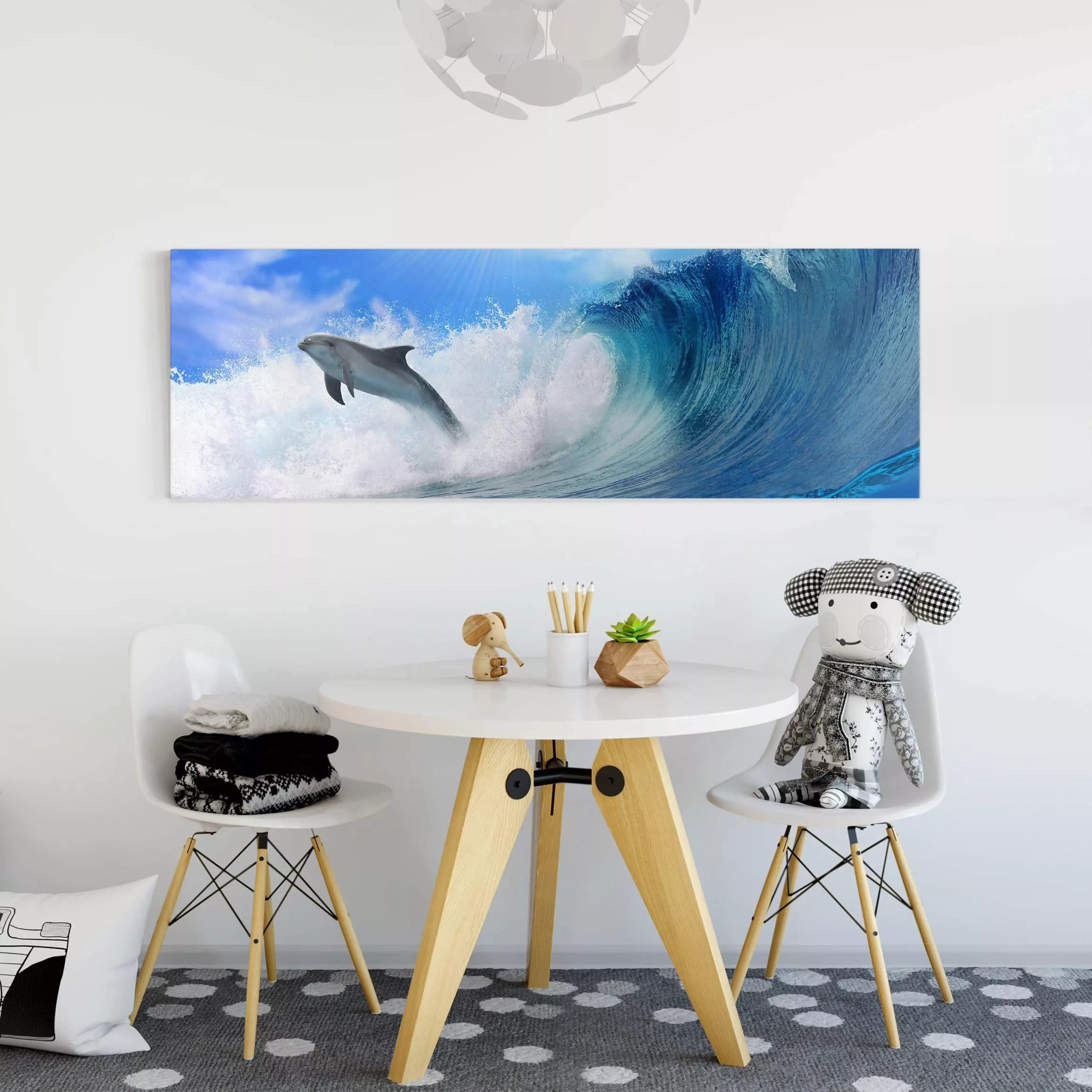Leinwandbild Strand - Panorama Playing Dolphins günstig online kaufen