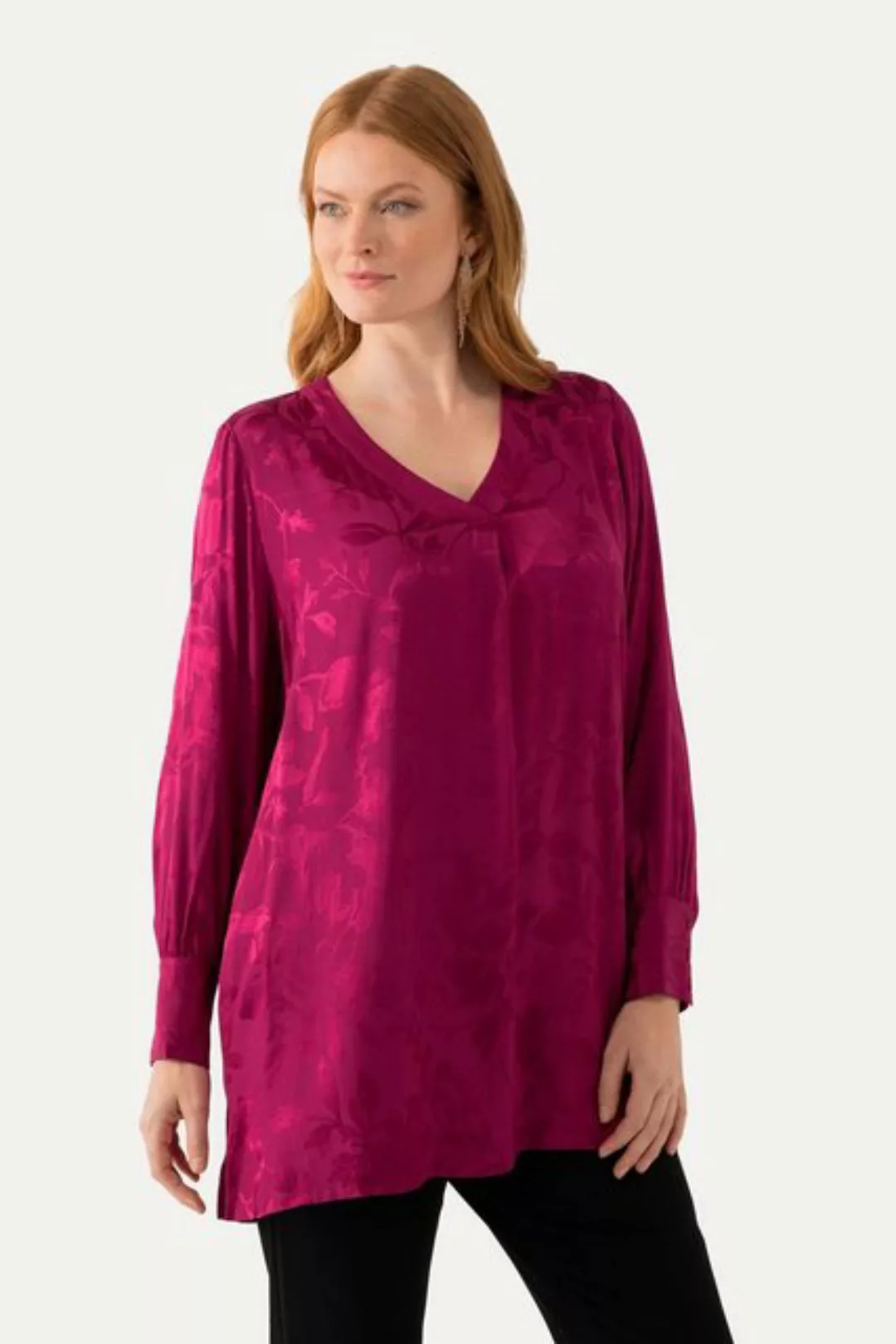 Ulla Popken Satinbluse Bluse florales Jacquardmuster V-Ausschnitt Langarm günstig online kaufen