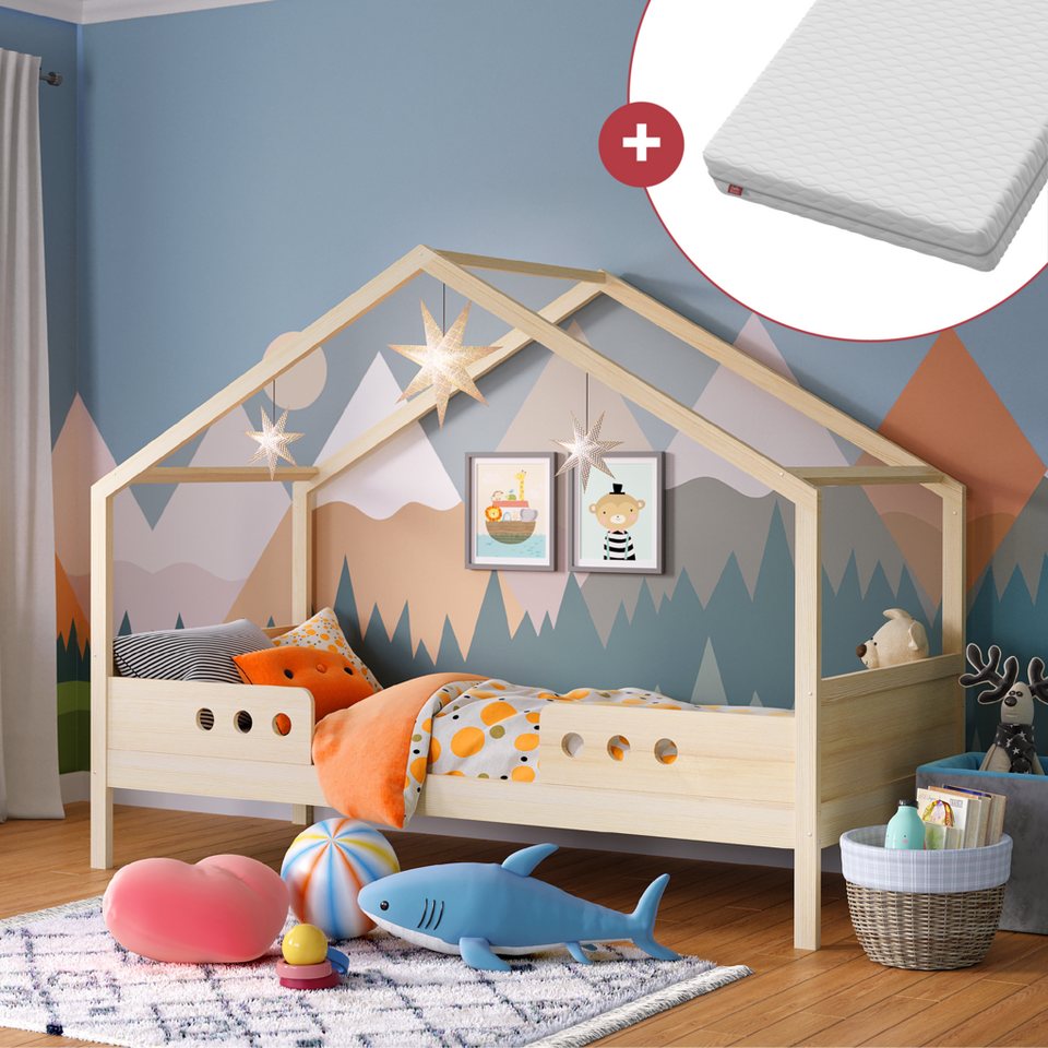 Bellabino Hausbett Bela (Kinderbett 90x200 cm, natur unbehandelt mit Matrat günstig online kaufen