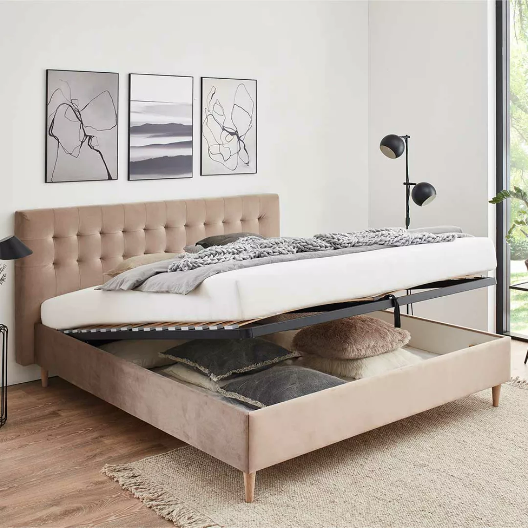 Polster Bett 140x200 cm in Taupe Samt Vierfußgestell aus Holz günstig online kaufen