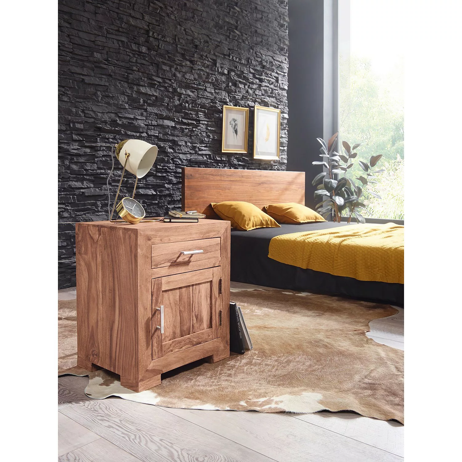 Nachttisch MUMBAI Massivholz Akazie Design Nachtkommode 60 cm mit Schublade günstig online kaufen
