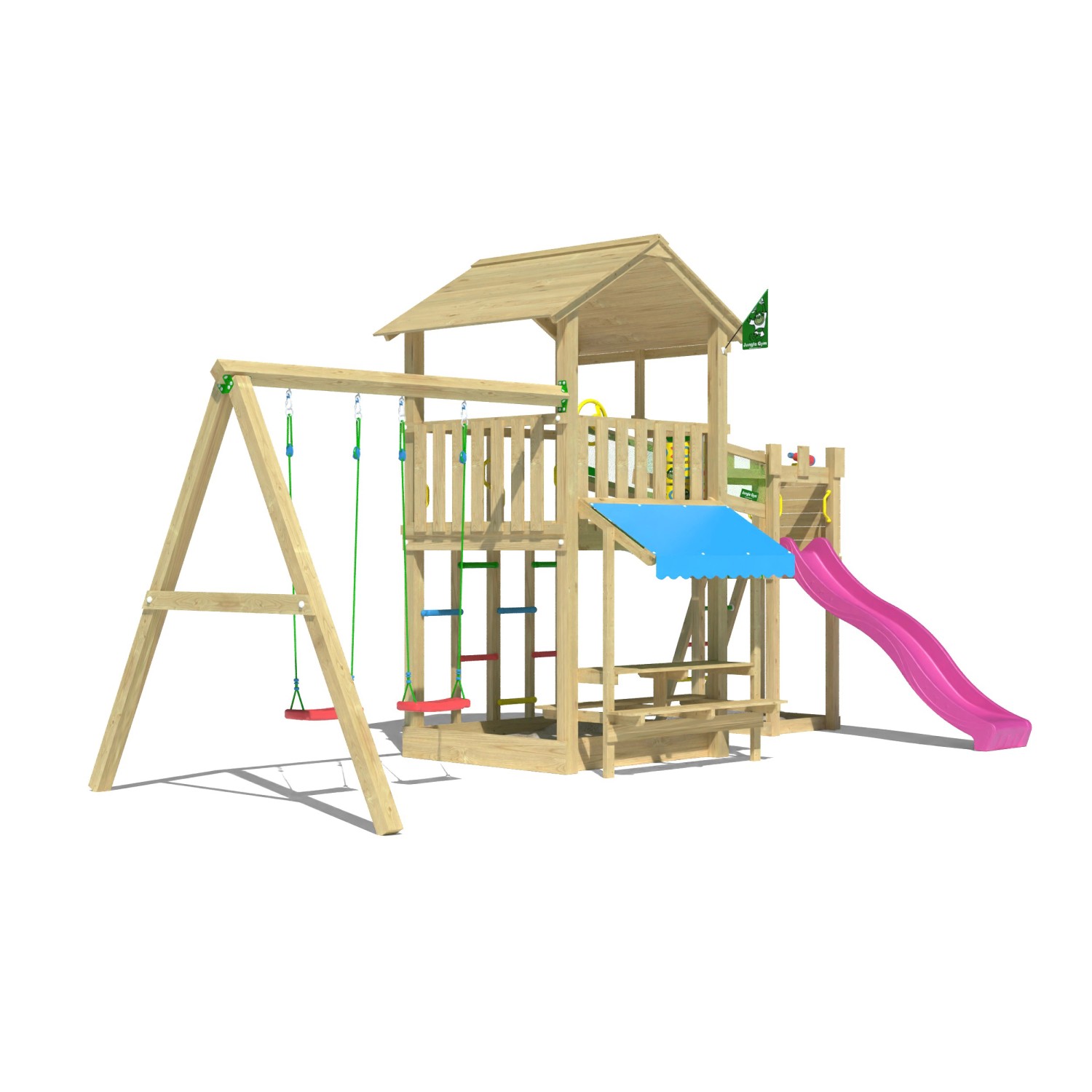 Jungle Gym Spielturm Cascade Holz Picnic m. 2 Schaukeln Brücke Rutsche Fuch günstig online kaufen