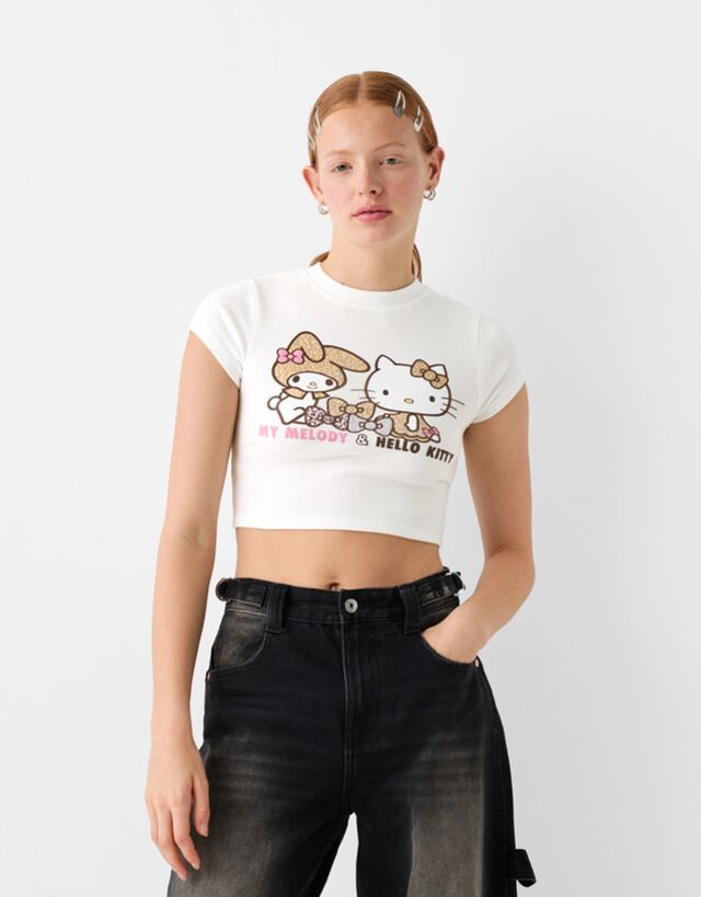 Bershka T-Shirt Hello Kitty & My Melody Mit Print Damen M Grbrochenes Weiss günstig online kaufen