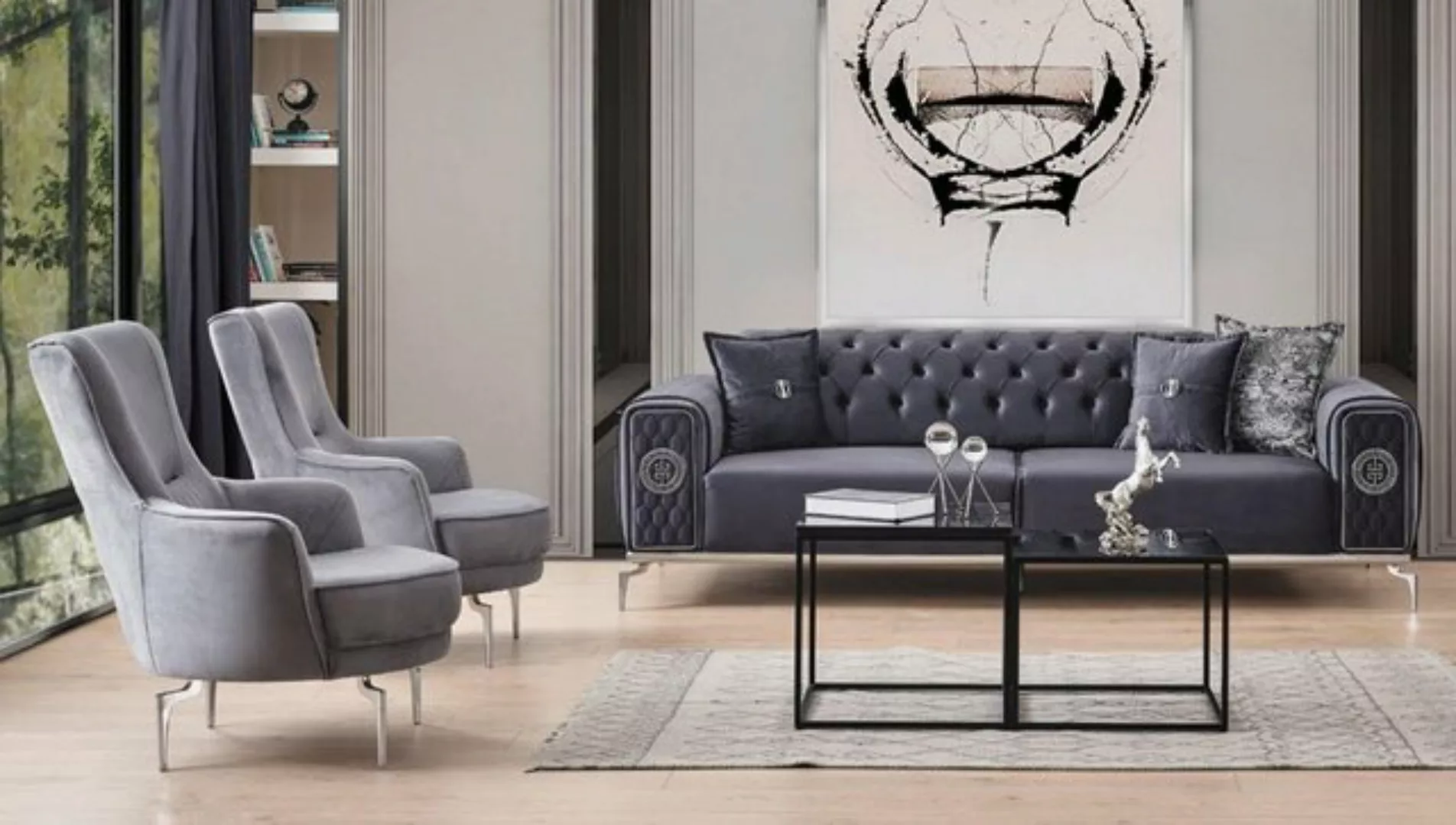 Xlmoebel Sofa Dreisitzer Chesterfield-Sofa und Sessel Set in Grau aus Stoff günstig online kaufen