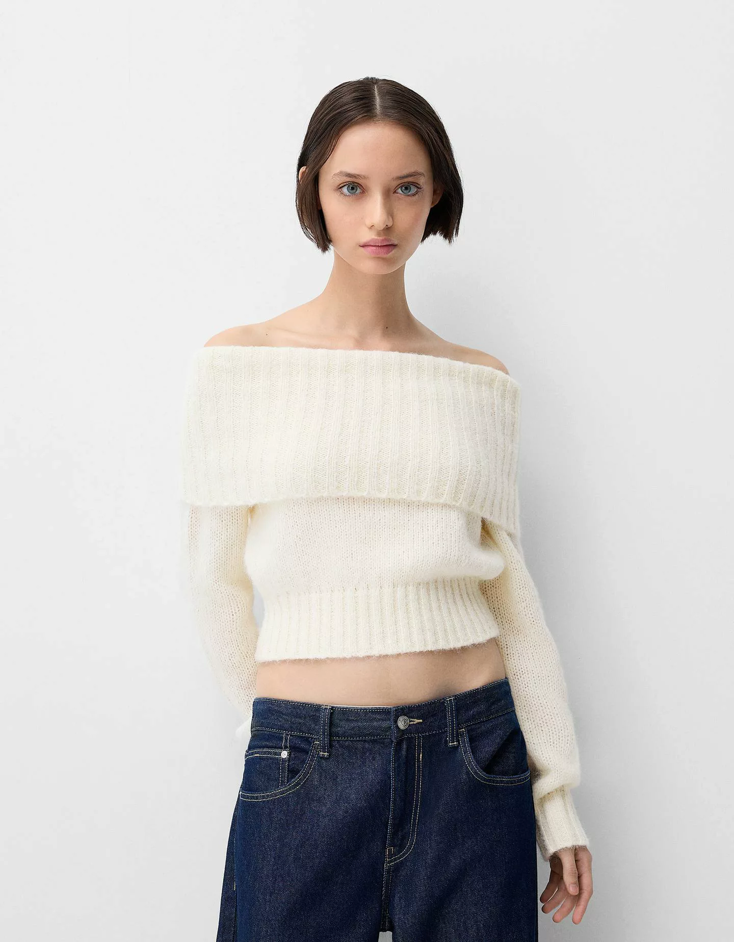 Bershka Pullover Mit Carmen-Ausschnitt Und Patentmuster Damen Xs Rohweiß günstig online kaufen