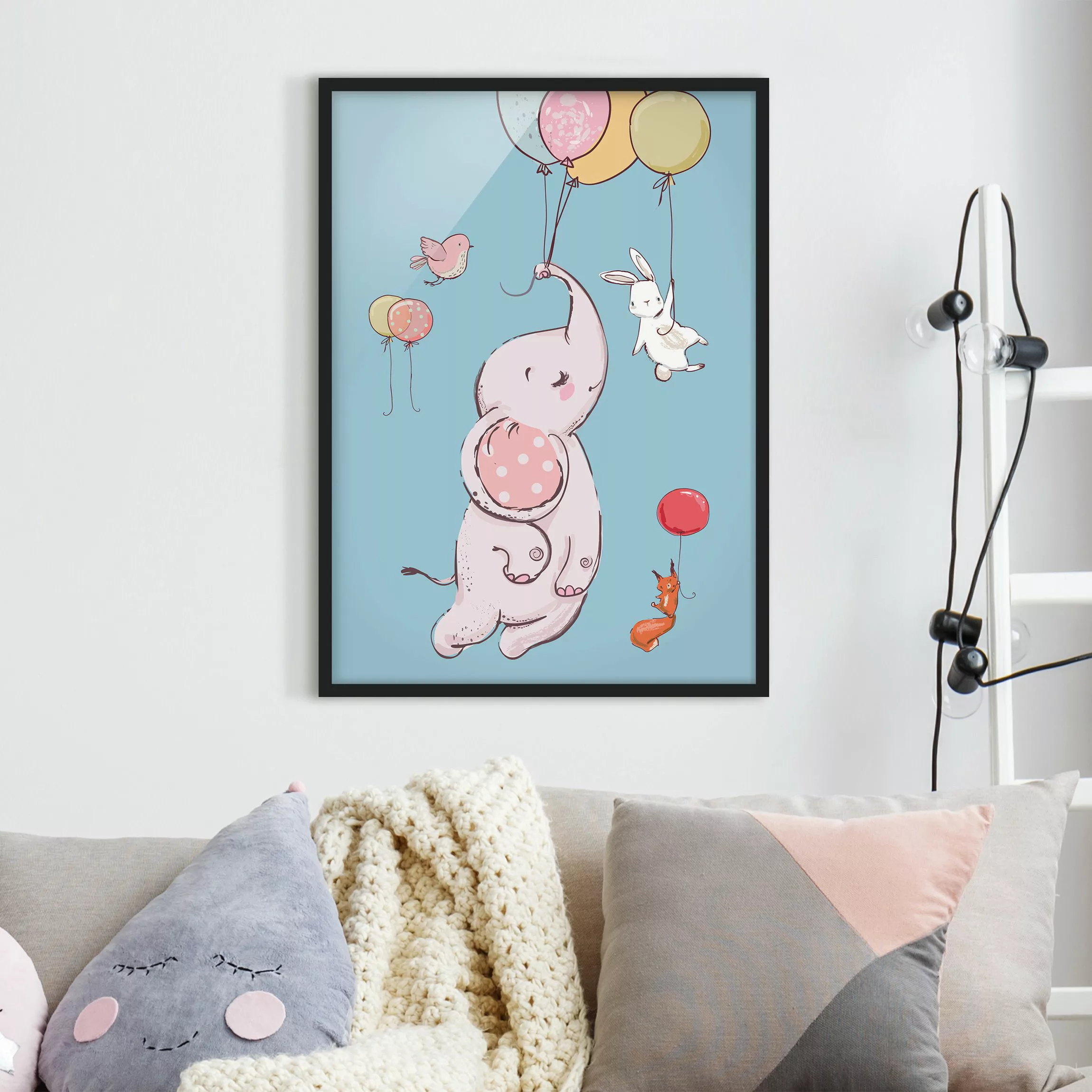 Bild mit Rahmen Kinderzimmer - Hochformat Elefant, Hase und Eichhörnchen fl günstig online kaufen