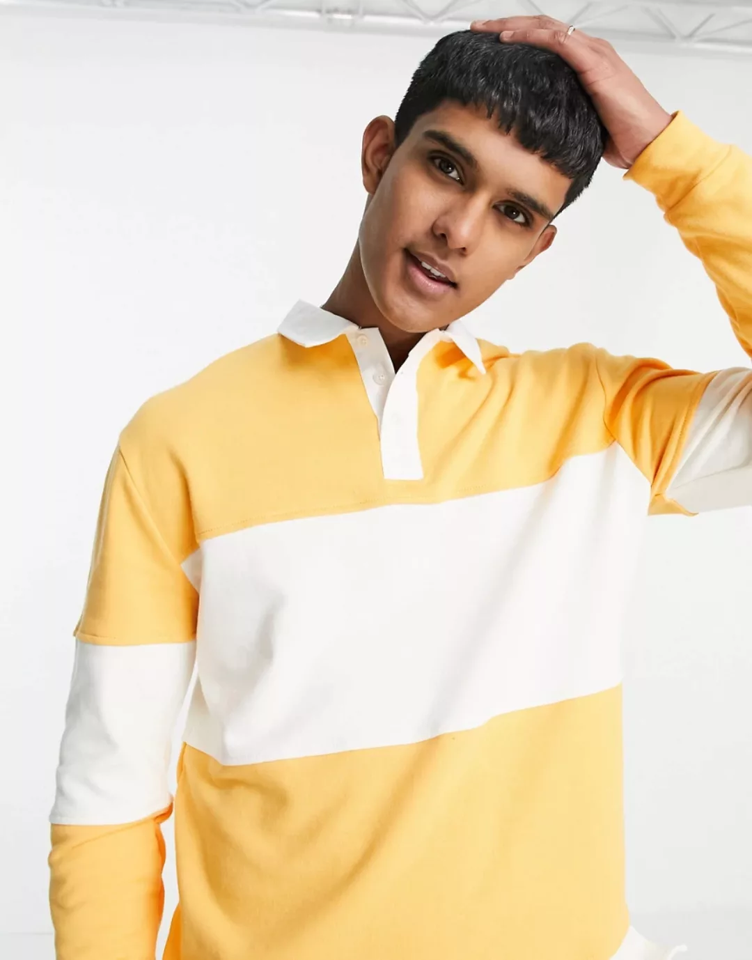 Topman – Rugby-Polohemd in Gelb und Weiß gestreift-Mehrfarbig günstig online kaufen
