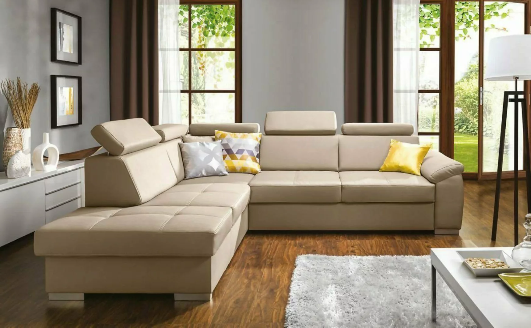 JVmoebel Ecksofa Beige Funktions Couch Schlafsofa Sofa Ecksofa Textl Sitz W günstig online kaufen