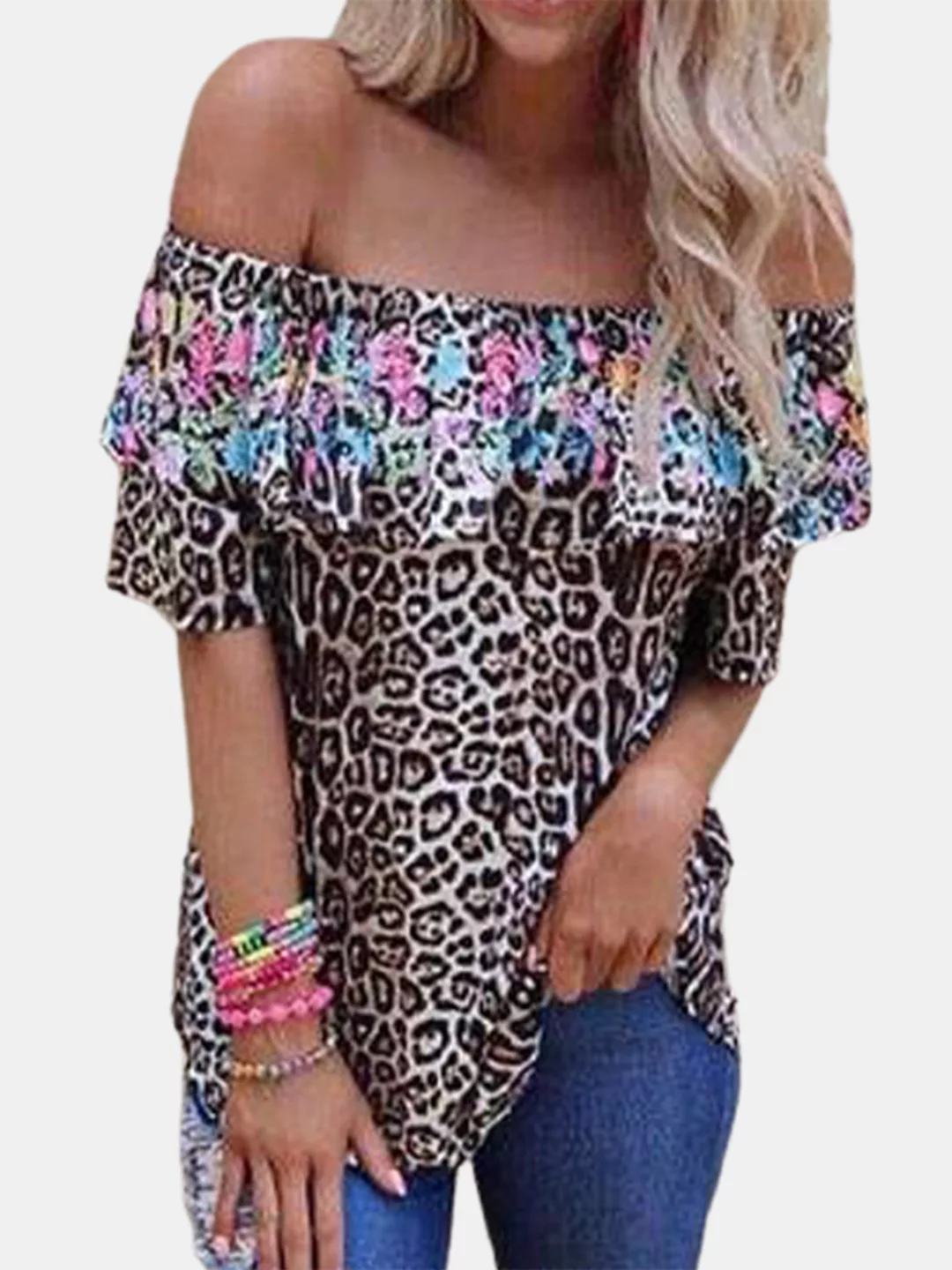 Leopard Short Sleeve Off The Shoulder T-Shirt für Damen günstig online kaufen