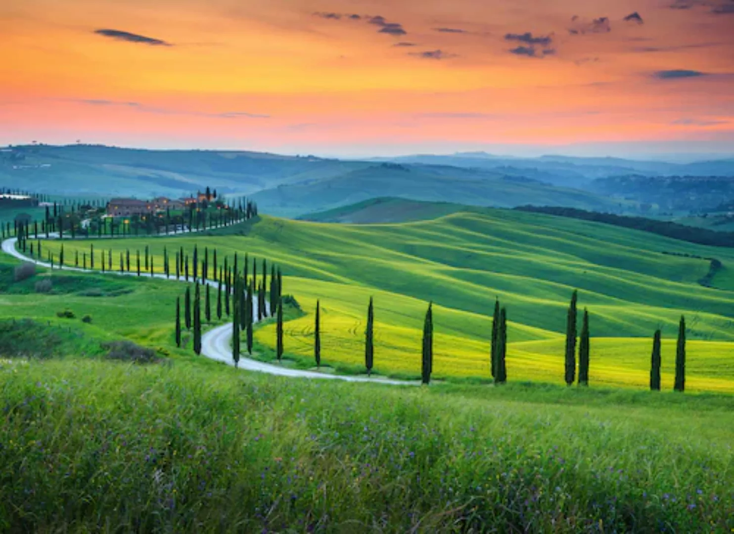 Fototapete Toskana Landschaft Grün Orange Gelb 3,50 m x 2,55 m FSC® günstig online kaufen