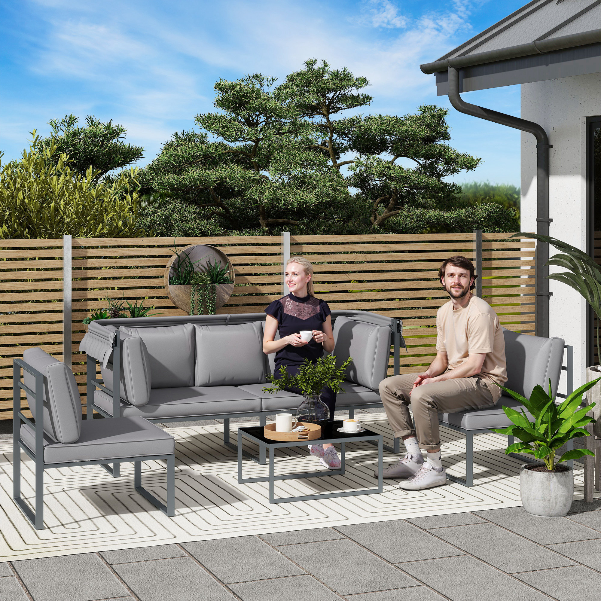 Outsunny Gartenmöbel Set wetterfest Sitzgruppe für 5 Personen Gartenlounge günstig online kaufen
