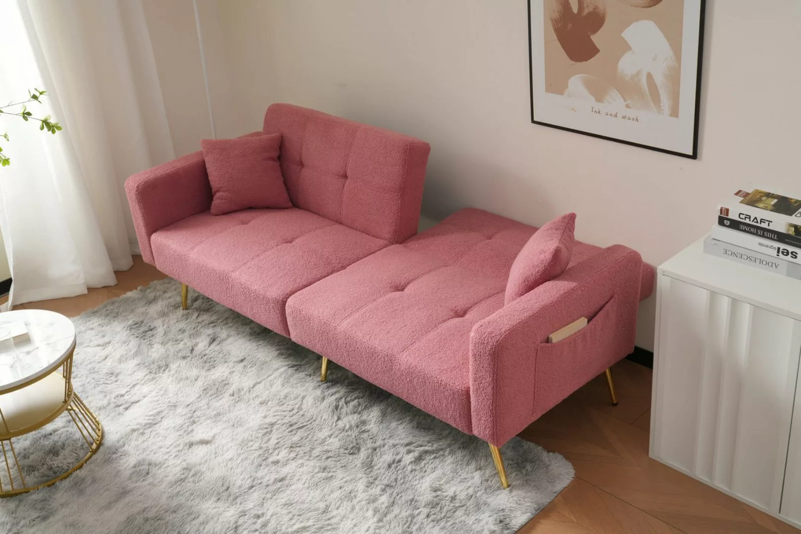 Ulife Schlafsofa mit Winkel, goldenen Beinen, Kissen und seitlichen Taschen günstig online kaufen