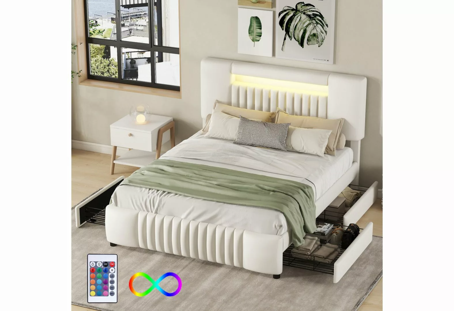 TavilaEcon Polsterbett Doppelbett Jugendbett mit vier Schubladen und Lichtl günstig online kaufen