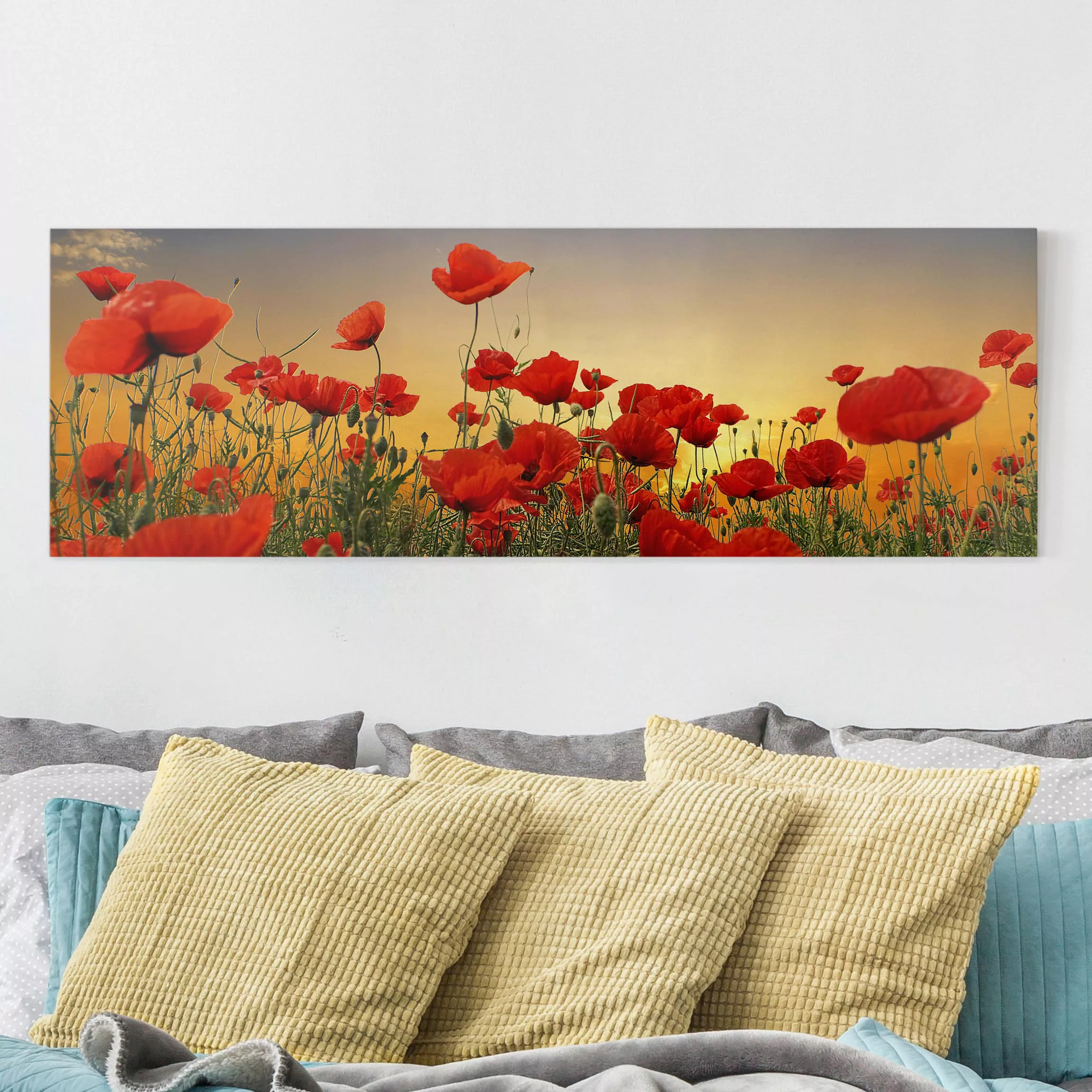 Leinwandbild Blumen - Panorama Mohnblumenfeld im Sonnenuntergang günstig online kaufen