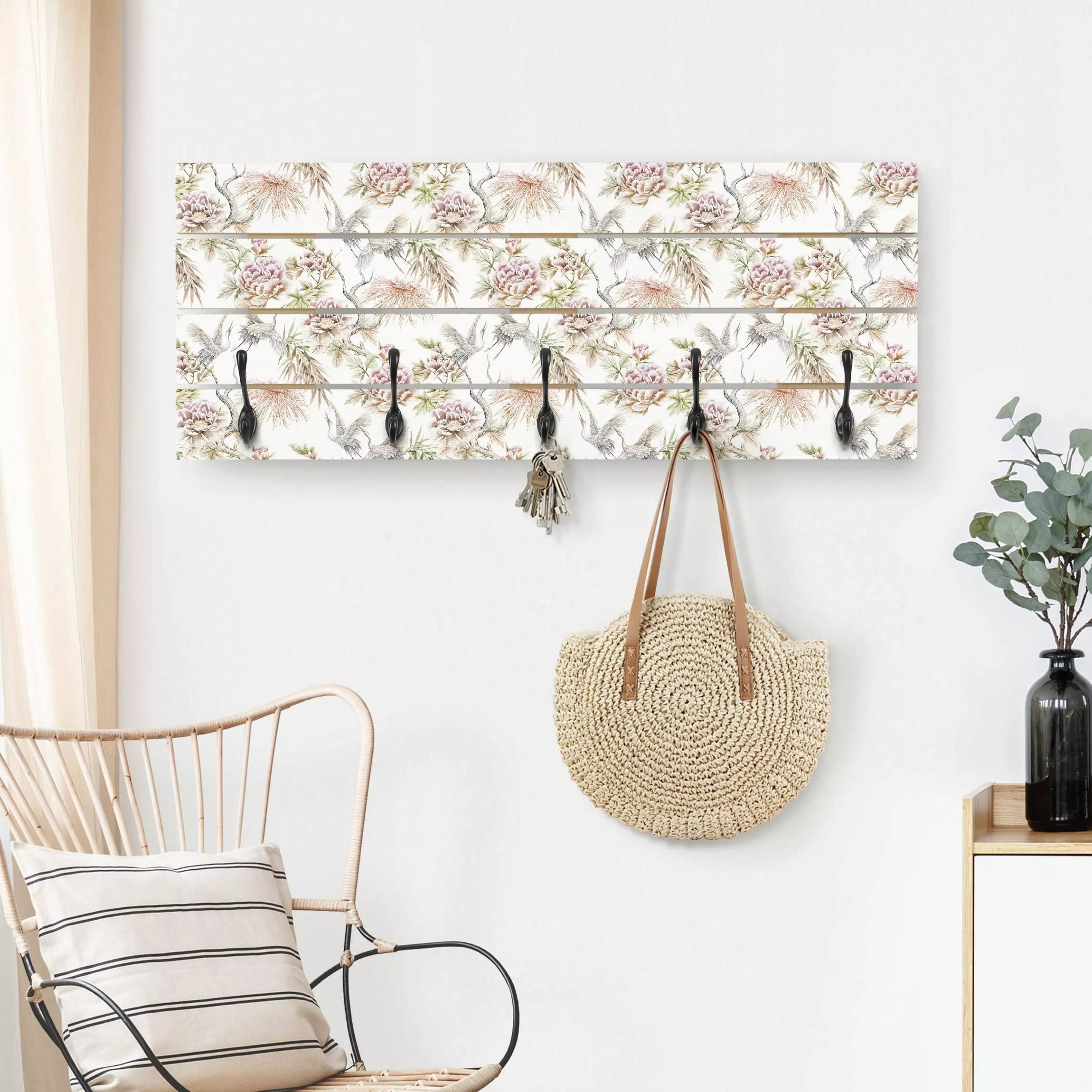 Wandgarderobe Aquarell Vögel mit großen Blüten günstig online kaufen