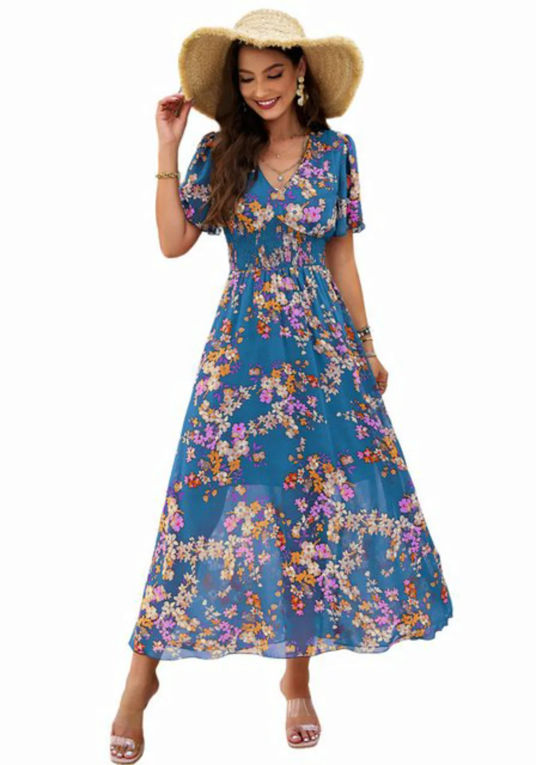 Mayou Sommerkleid Damen Maxikleid mit Blumenmuster V-Ausschnitt Gesmoktes S günstig online kaufen