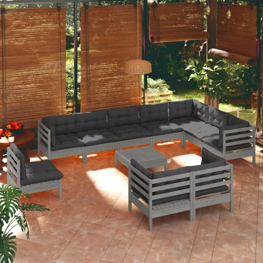 11-tlg. Garten-lounge-set Mit Kissen Grau Kiefer Massivholz günstig online kaufen