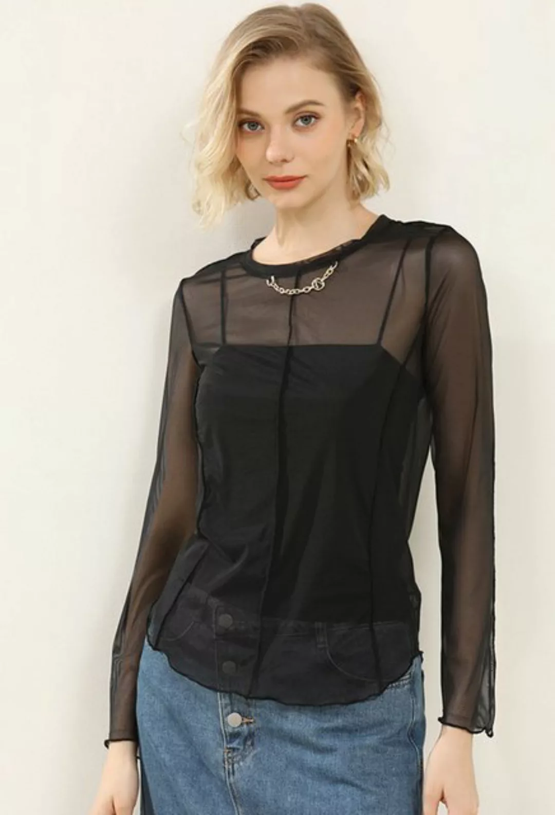 CHENIN Langarmhemd Damen Mesh Rundhalsausschnitt Layering Temperament Top S günstig online kaufen