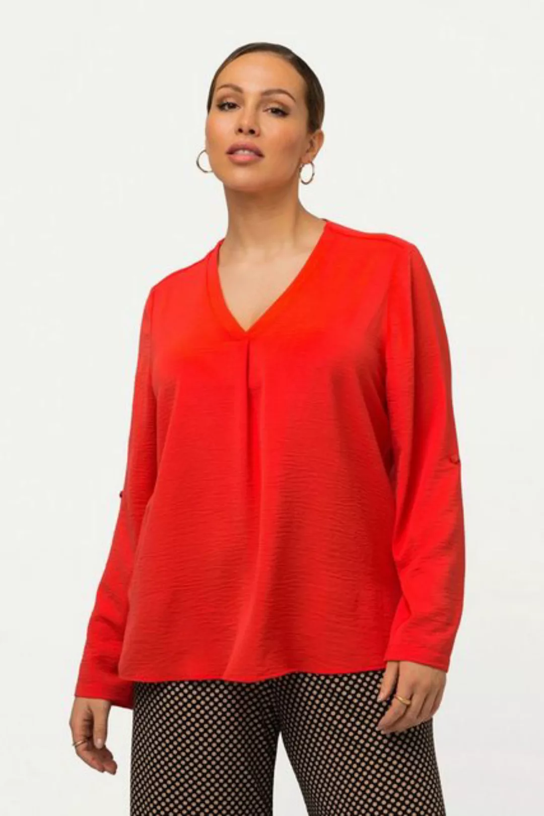 Ulla Popken Longbluse Bluse Struktur Zierfalte V-Ausschnitt 3/4-Arm günstig online kaufen