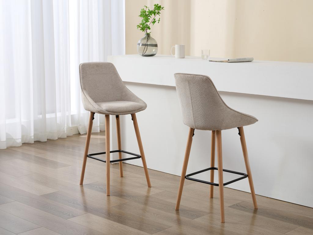 Barhocker 2er-Set - Strukturstoff & Buchenholz - Beige - MASURIE günstig online kaufen