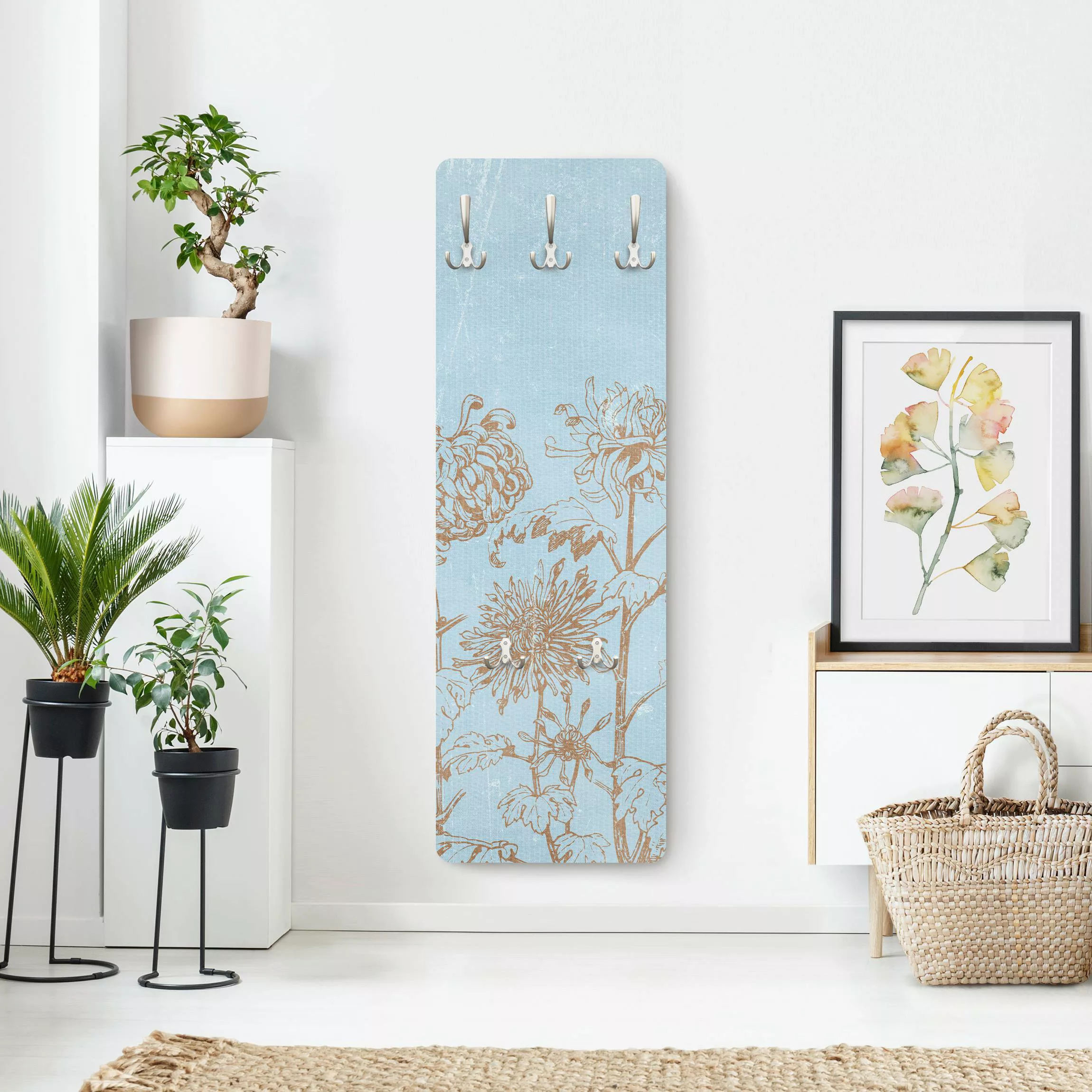 Wandgarderobe Holzpaneel Blumen Radierung in Blau günstig online kaufen